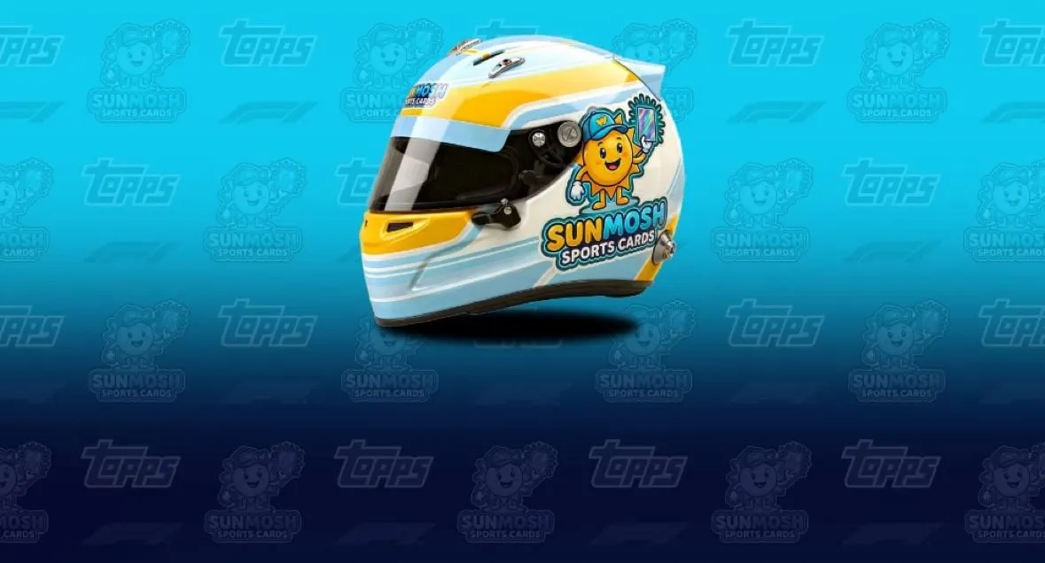 Sunmosh Sports Cards racing helmet with the sun mascot on the side